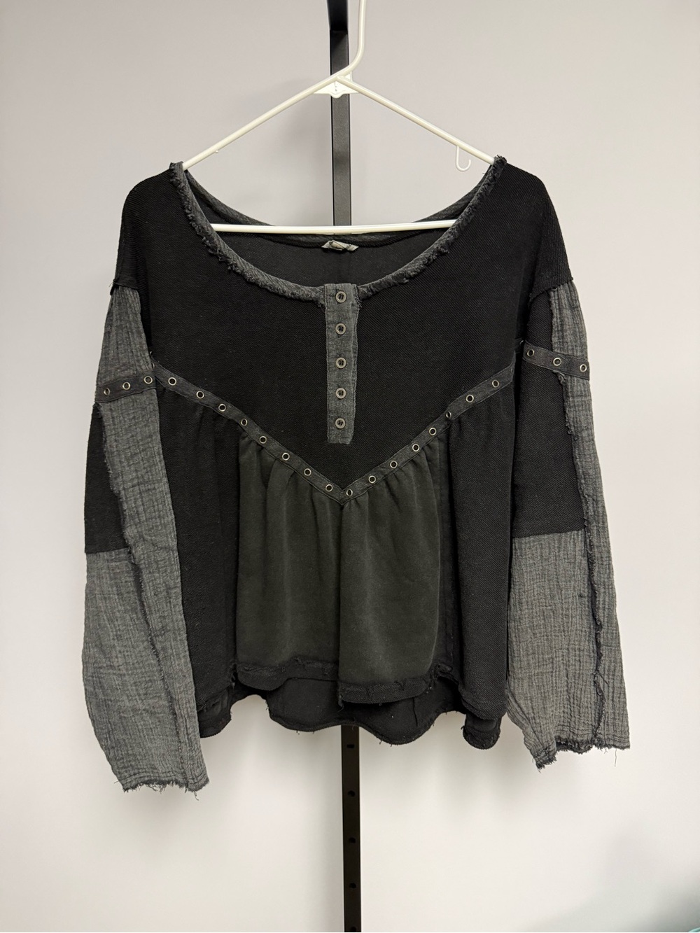 Pol Whimsigoth Boho Black & Charcoal Mixed-Media Peasant Top Size M Grunge Flowy